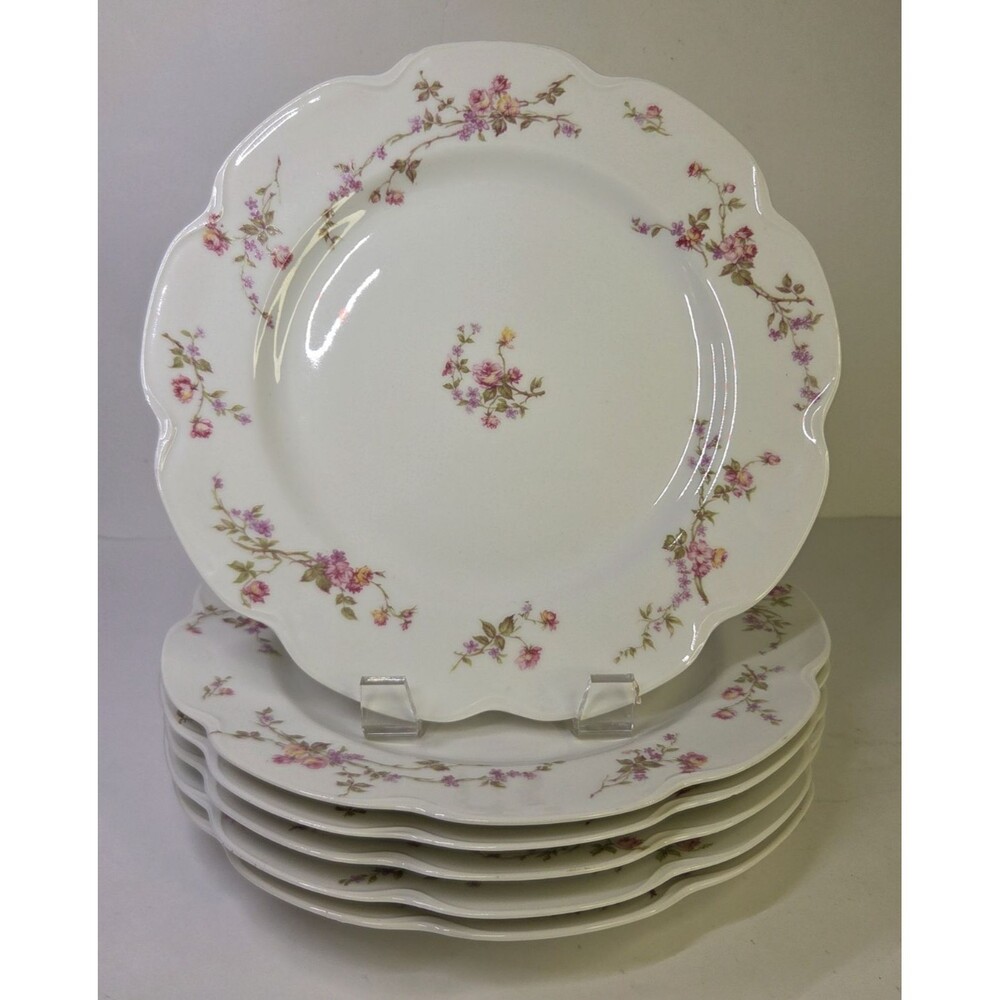 Antique Set Of 6 Haviland Limoges Scalloped Dinner Plates Floral Roses Schleiger